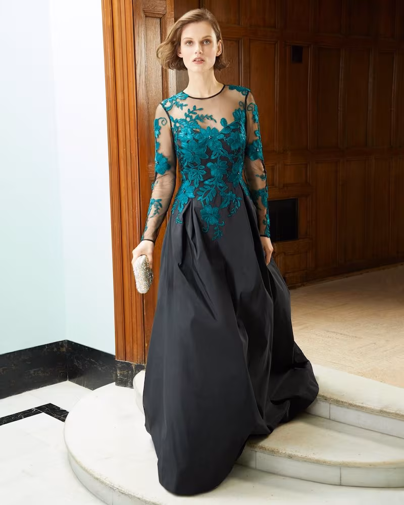 Rickie Freeman for Teri Jon Long-Sleeve Illusion Lace Taffeta-Skirt Evening Gown