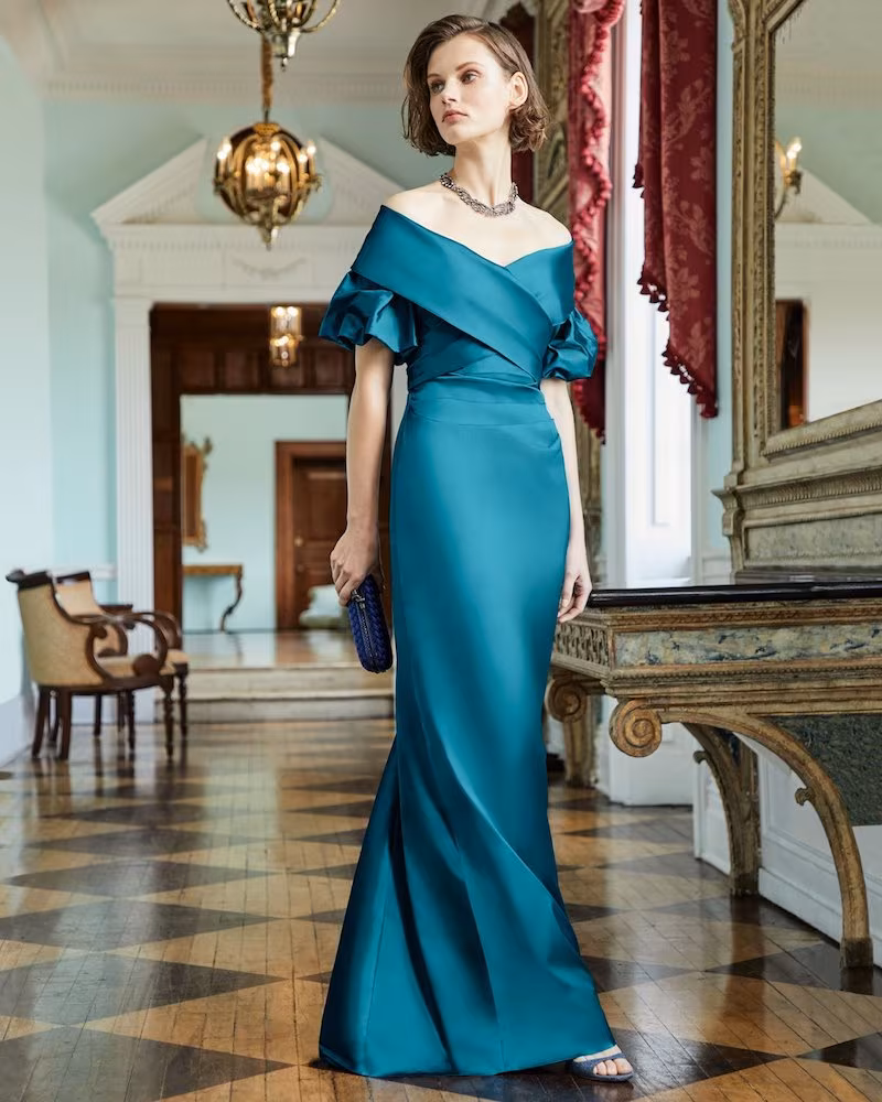 Rickie Freeman for Teri Jon Off-the-Shoulder Portrait Puff-Sleeve Taffeta Evening Gown