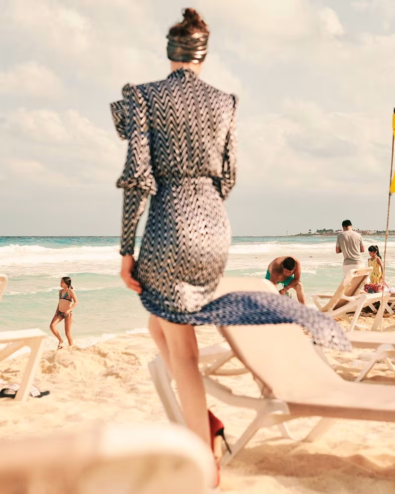 Balmain Chevron-Patterned Bow-Embellished Gown