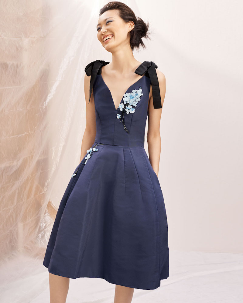 Carolina Herrera Sleeveless Bow-Shoulder Fit-and-Flare Cocktail Dress with Paillette Embroidery