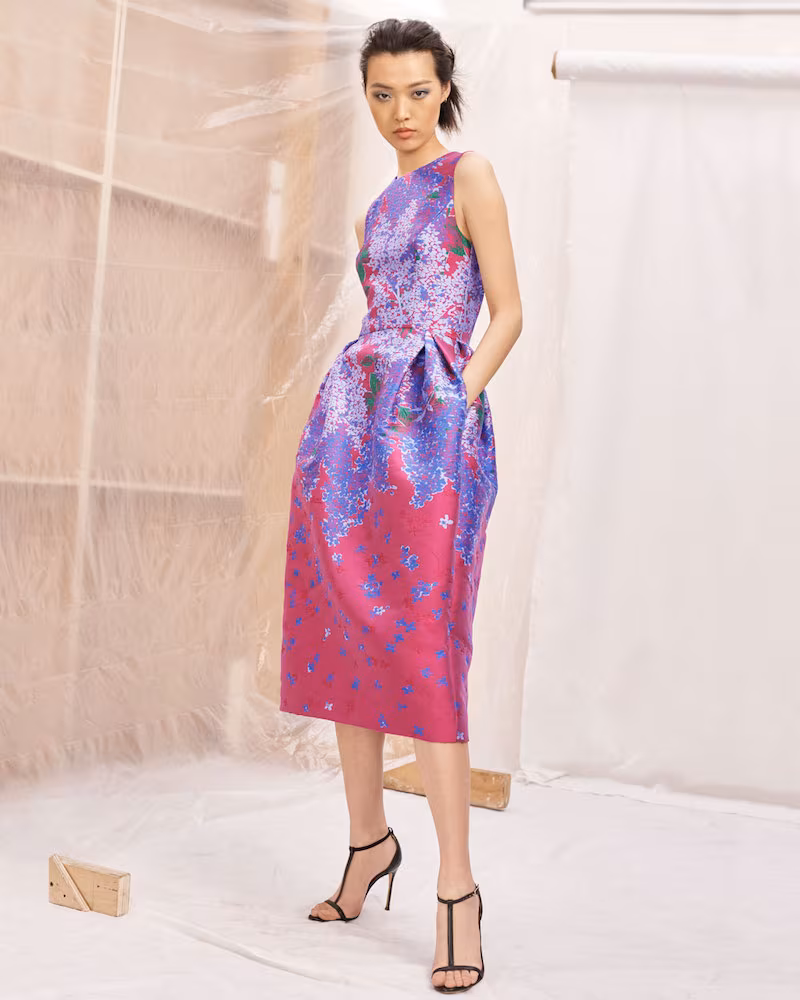 Carolina Herrera Sleeveless Full-Skirt Floral-Brocade Tea-Length Dress