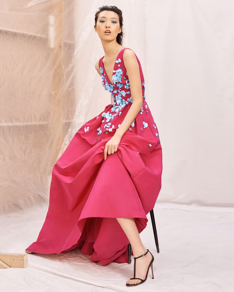 Carolina Herrera Sleeveless V-Neck Full-Skirt Evening Gown with Paillette Embroidery