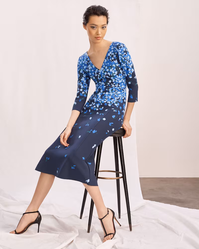 Carolina Herrera V-Neck 3/4-Sleeve Floral-Print Midi Cocktail Dress