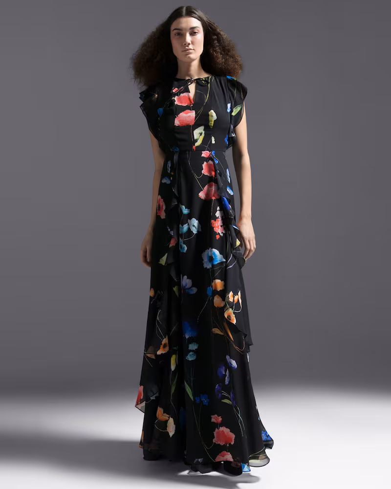 Escada Floral-Print Ruffle A-Line Silk Evening Gown