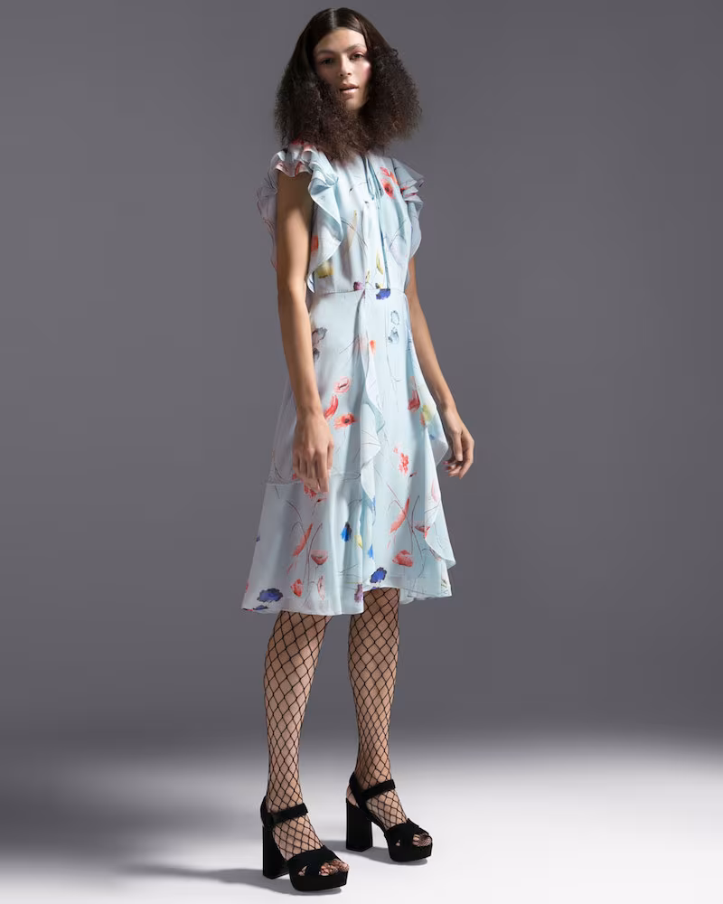 Escada Floral-Print Sleeveless Ruffle Dress