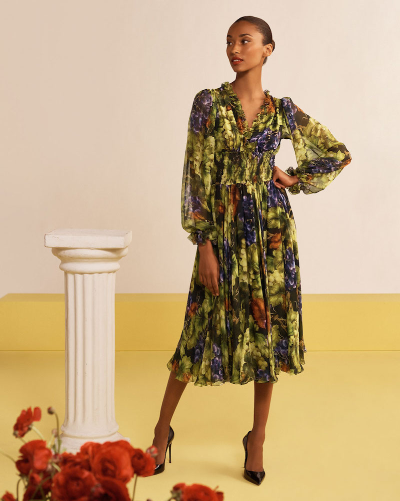 Dolce & Gabbana Long-Sleeve Ruched-Waist V-Neck Grape-Print Midi Dress