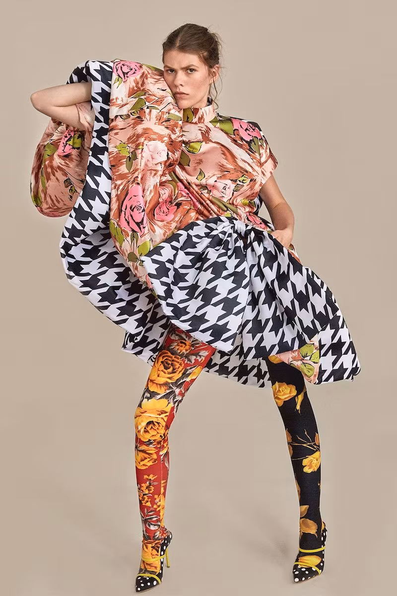 Richard Quinn Contrast-Panel Floral-Print Leggings