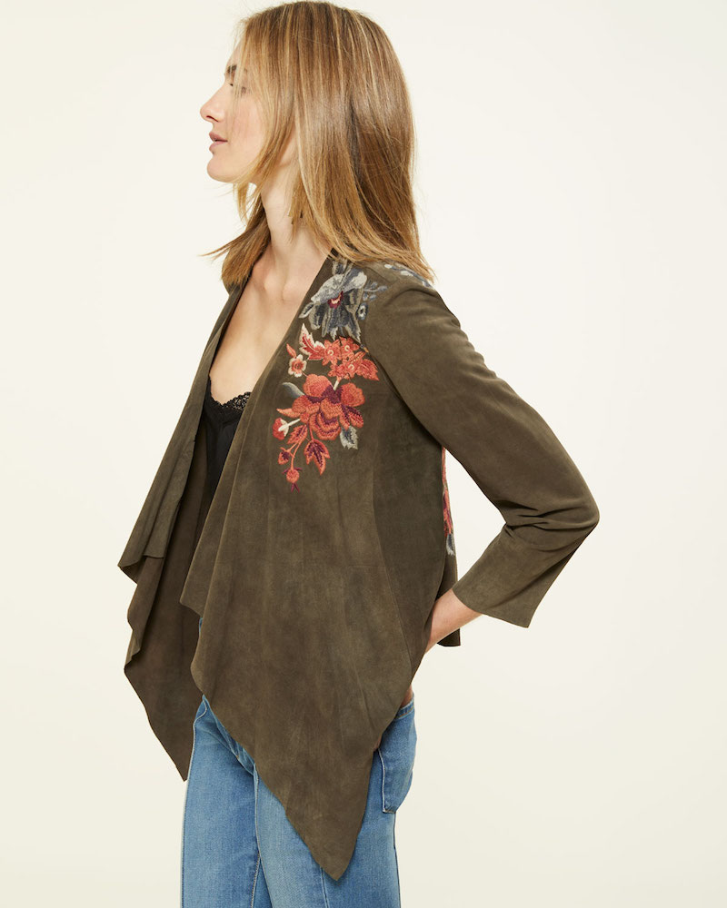 Johnny Was Ferris Embroidered Suede Draped Jacket