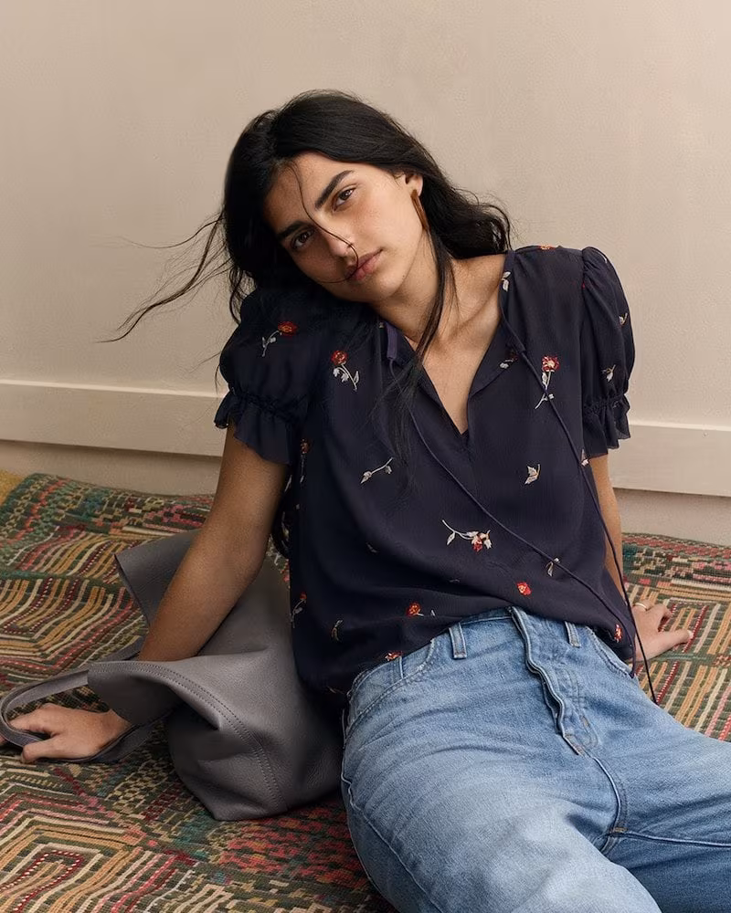 Madewell Embroidered Zephyr Ruffle-Sleeve Top in Sweet Blossoms