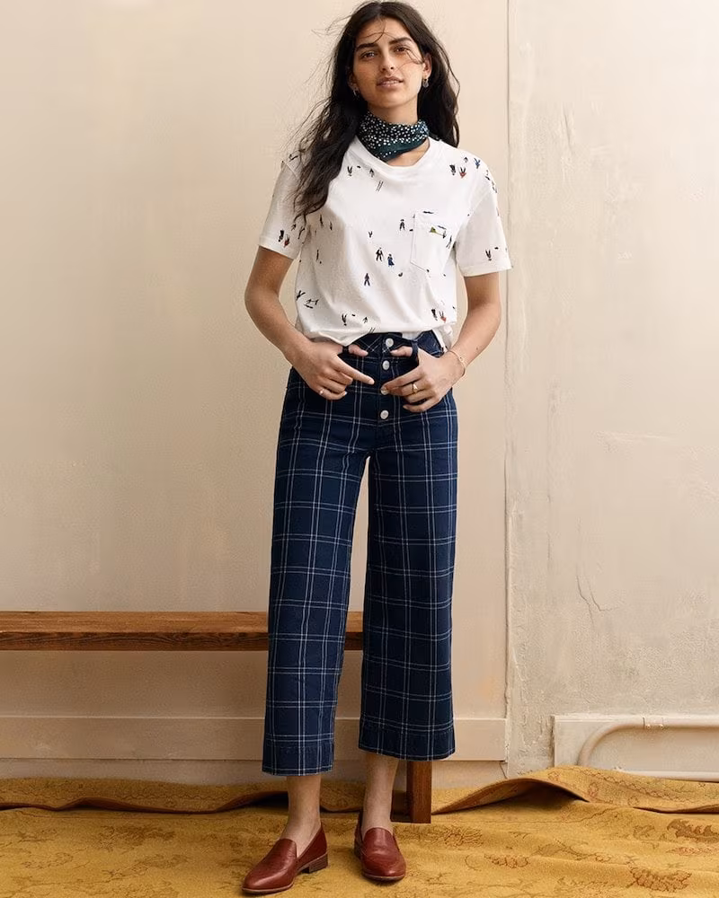 Madewell Emmett Wide-Leg Crop Pants in Indigo Check