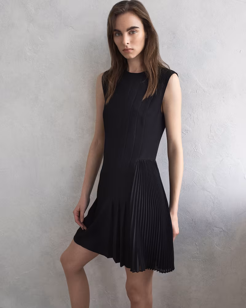 Theory Crewneck A-Line Admiral Crepe Pleated Day Dress