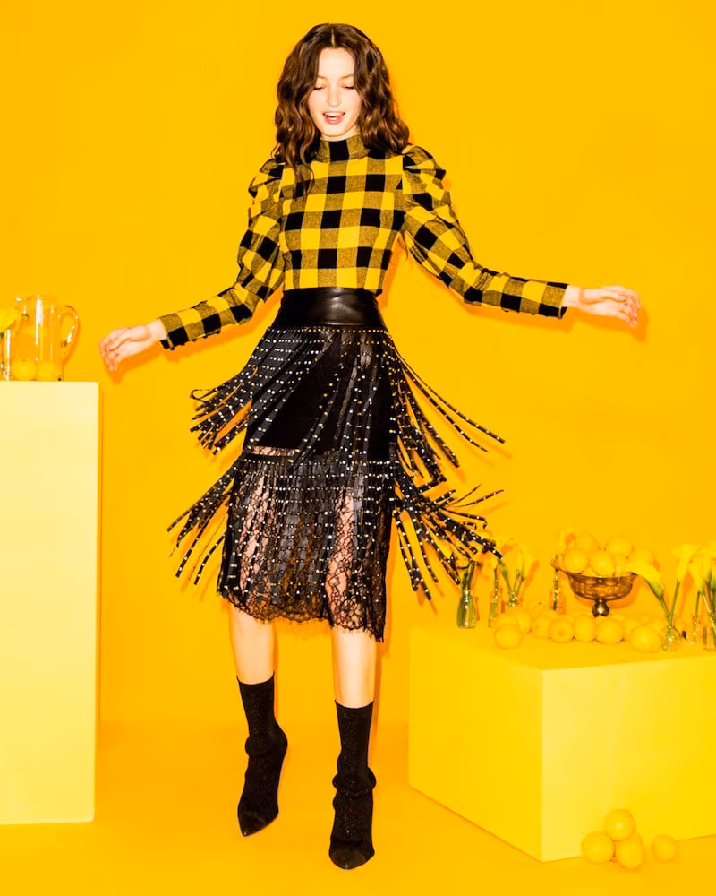 Alice + Olivia Brenna Check Puff-Sleeve Top