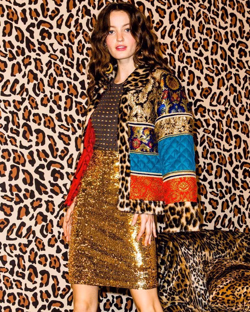 Alice + Olivia Glennie Patchwork Coat with Leopard Faux-Fur Combo