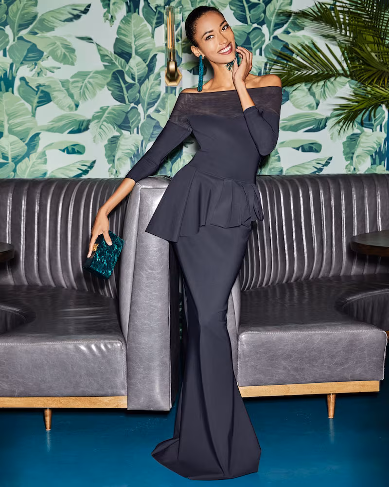 Chiara Boni La Petite Robe Nabelle Off-the-Shoulder Illusion Gown with Peplum Waist