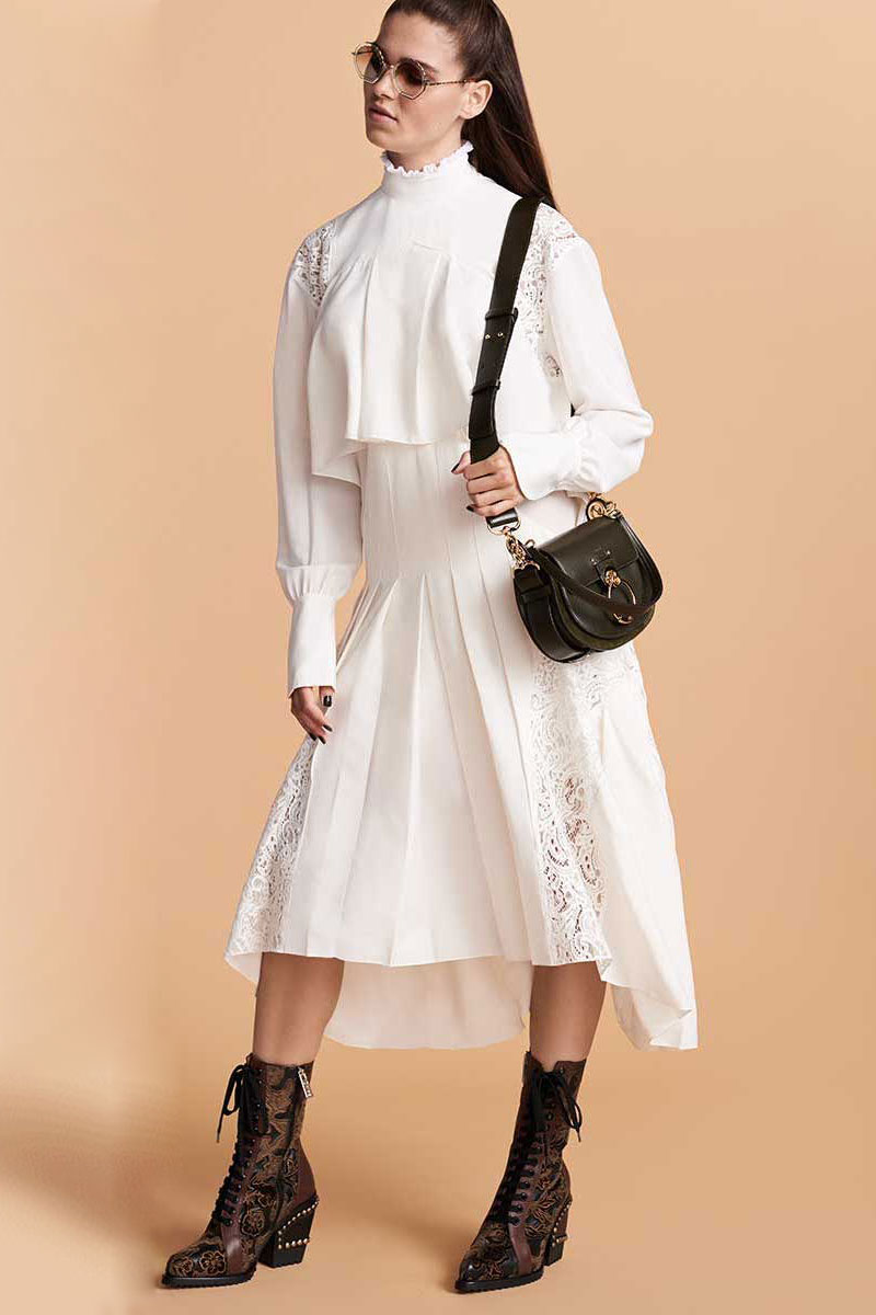 Chloé Mock-Neck Long-Sleeve Tiered Button-Back Long Dress with Lace Panels
