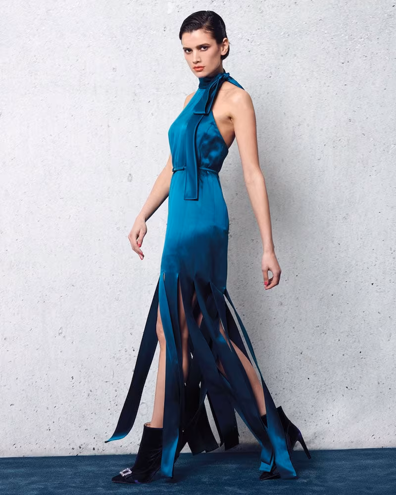 Escada Halter-Neck Sleeveless Silk Satin Evening Gown with Car Wash Hem
