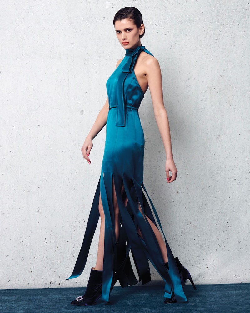 Escada Halter-Neck Sleeveless Silk Satin Evening Gown with Car Wash Hem