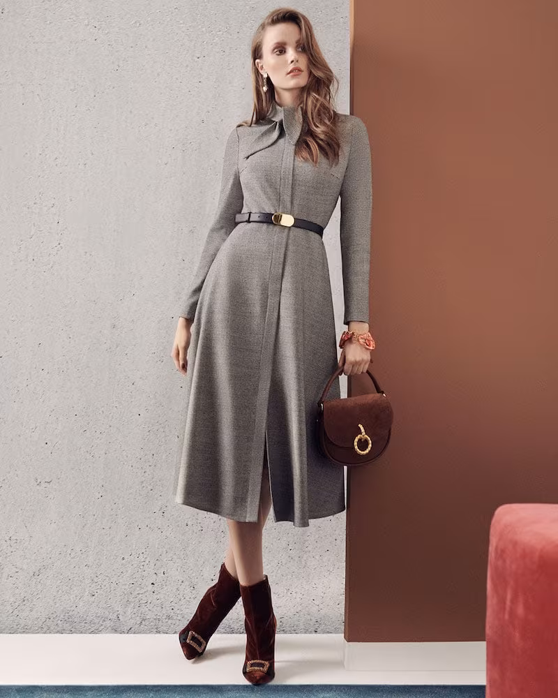 Escada Tie-Neck Zip-Front Long-Sleeve Mini-Houndstooth Wool Dress