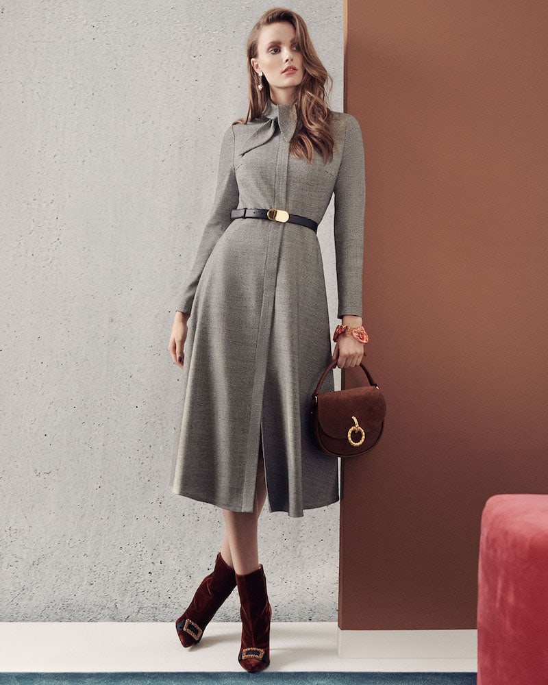 Escada Tie-Neck Zip-Front Long-Sleeve Mini-Houndstooth Wool Dress