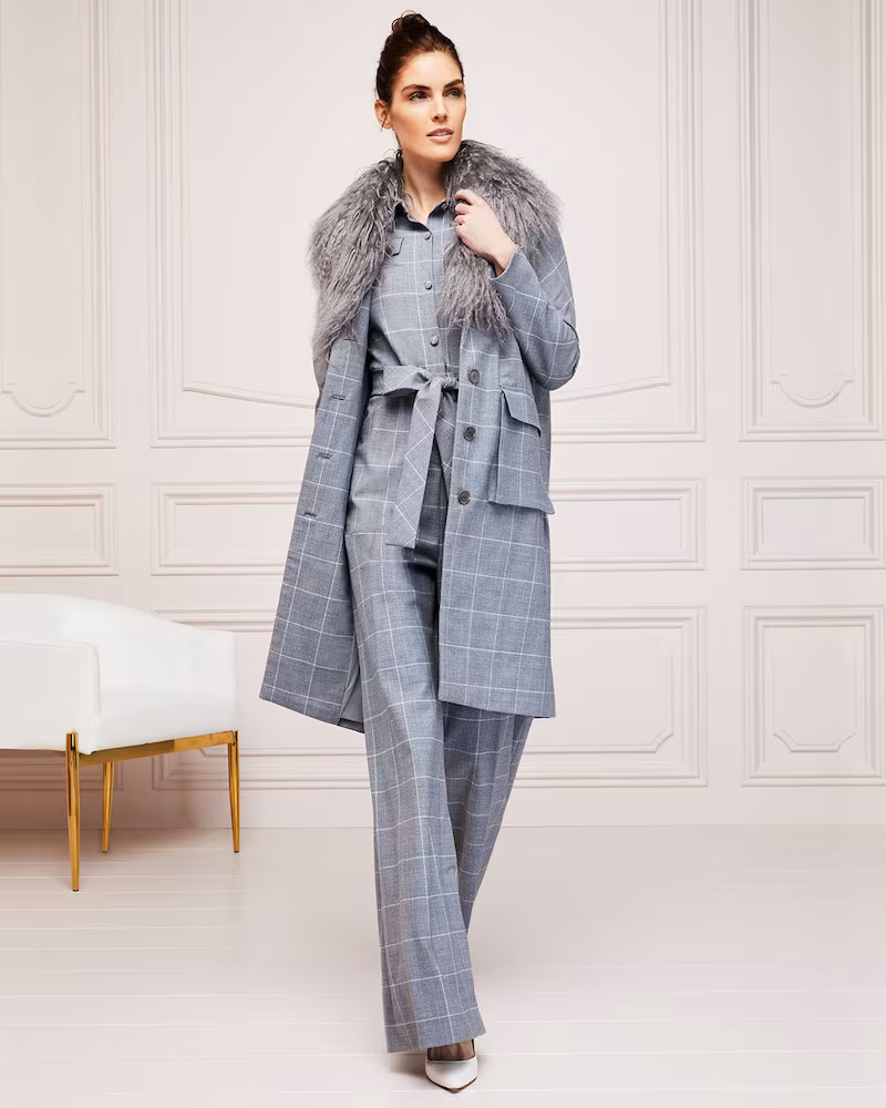 Lela Rose Button-Front Check Wool Coat with Mongolian Fur Collar