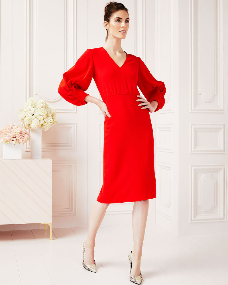 Lela Rose V-Neck Full-Sleeve Fitted Crepe Cocktail Dress