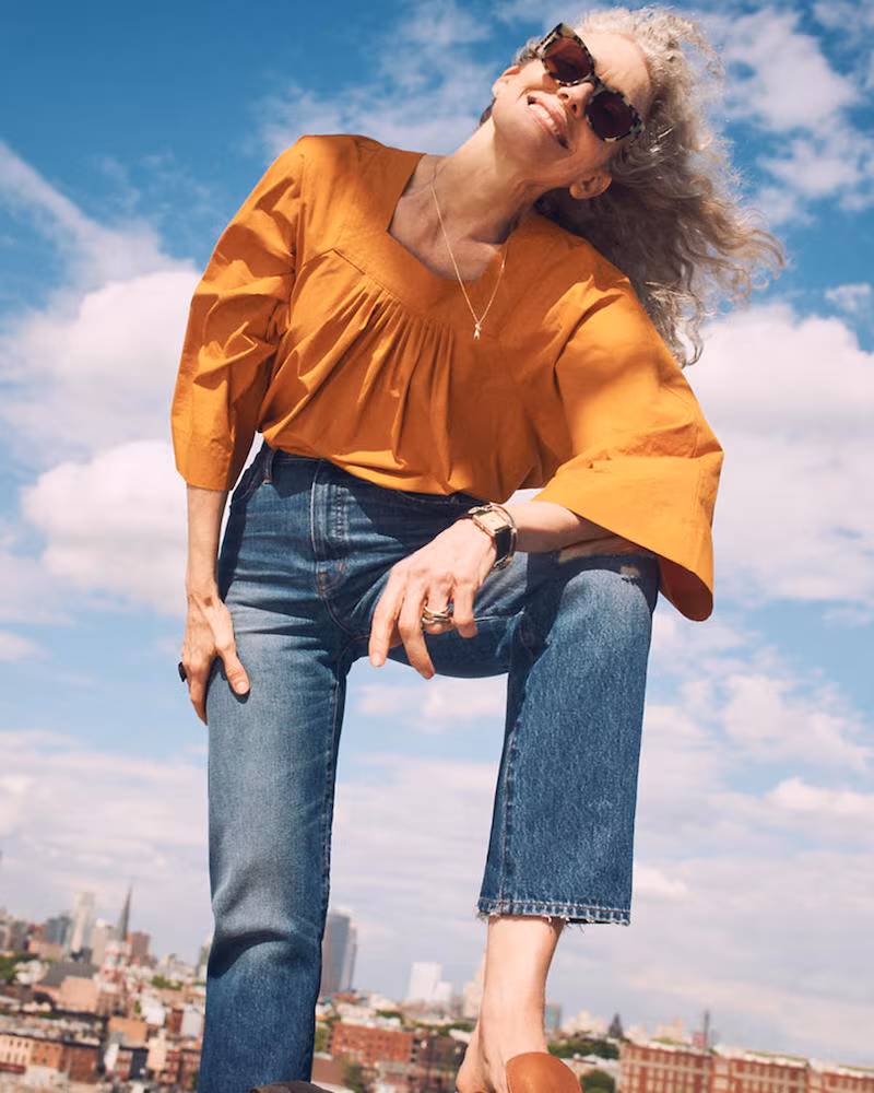 Madewell Classic Straight Jeans in Jade Wash Knee-Rip Edition