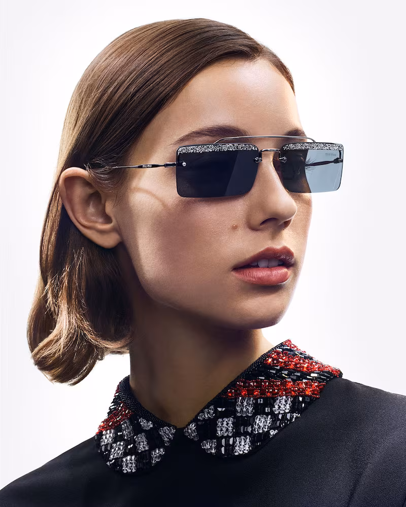 Miu Miu Rimless Rectangle Glittered Sunglasses