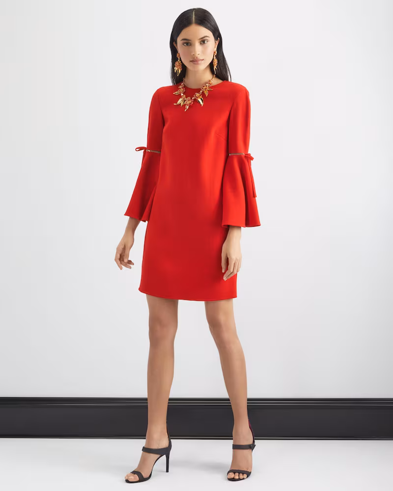 Oscar de la Renta Jewel-Neck Vented Bow-Cuffs A-Line Crepe Wool-Silk Mini Day Dress 1