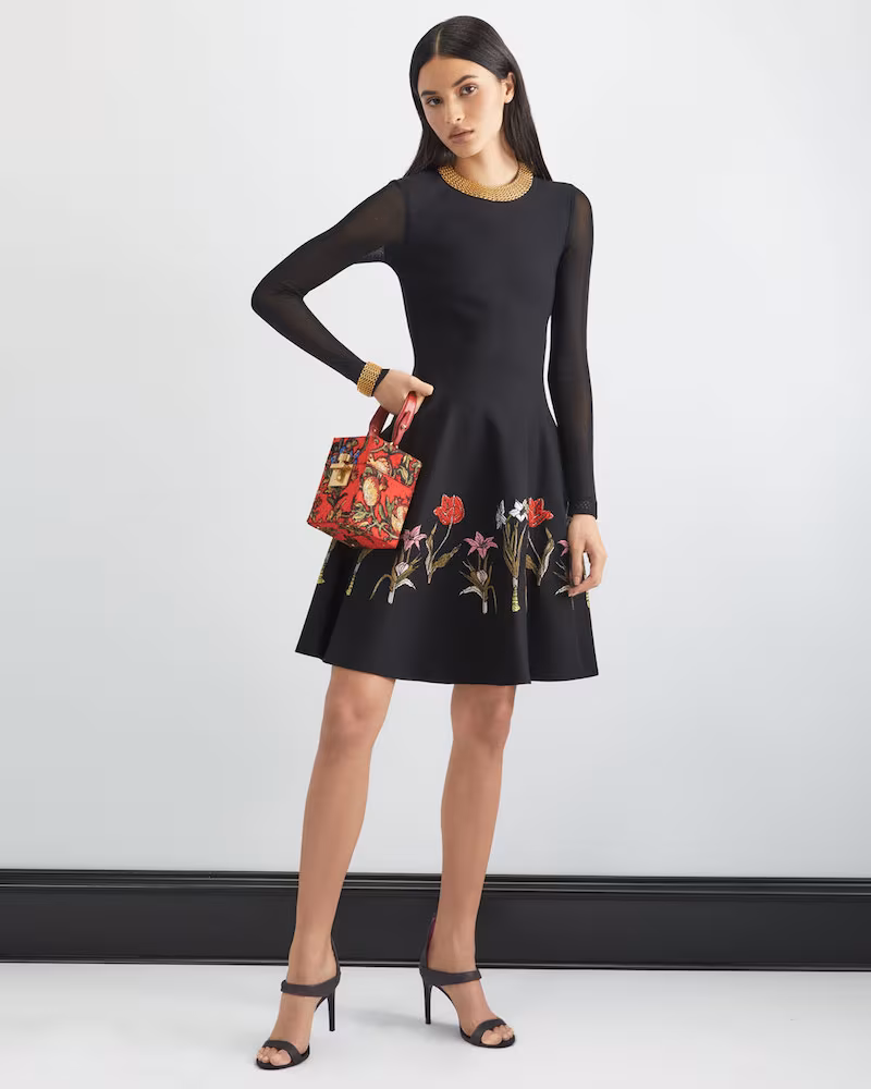 Oscar de la Renta Long-Sleeve Fit-and-Flare Flower Harvest Jacquard Knit Dress