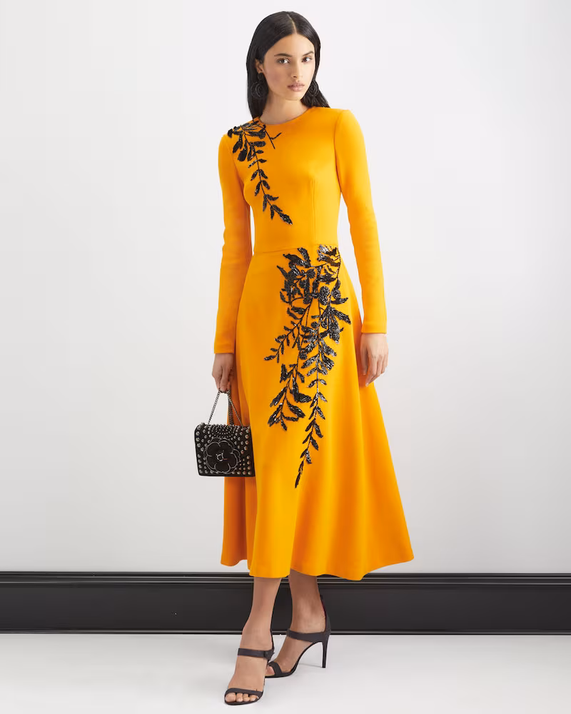 Oscar de la Renta Long-Sleeve Jewel-Neck A-Line Leaf-Embroidered Tea-Length Cocktail Dress