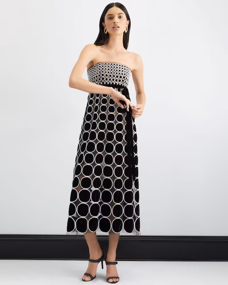 Oscar de la Renta Strapless Empire-Waist Velvet Circle Pearl-Embroidered Cocktail Dress
