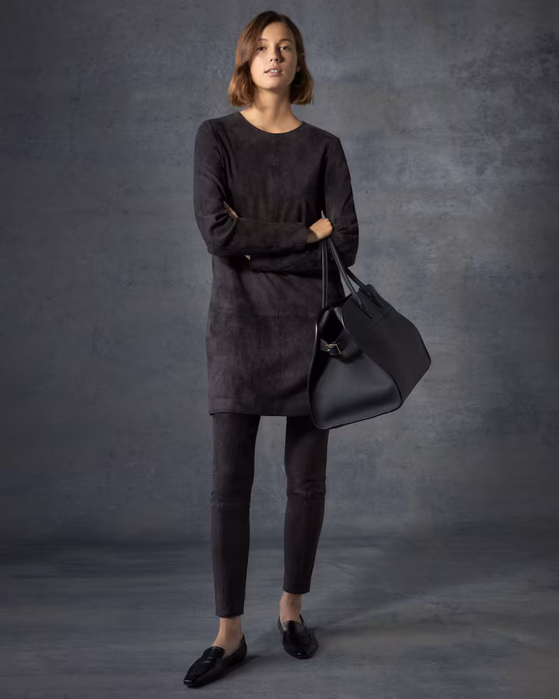 The ROW Rani Crewneck Long-Sleeve Short Suede Shift Dress