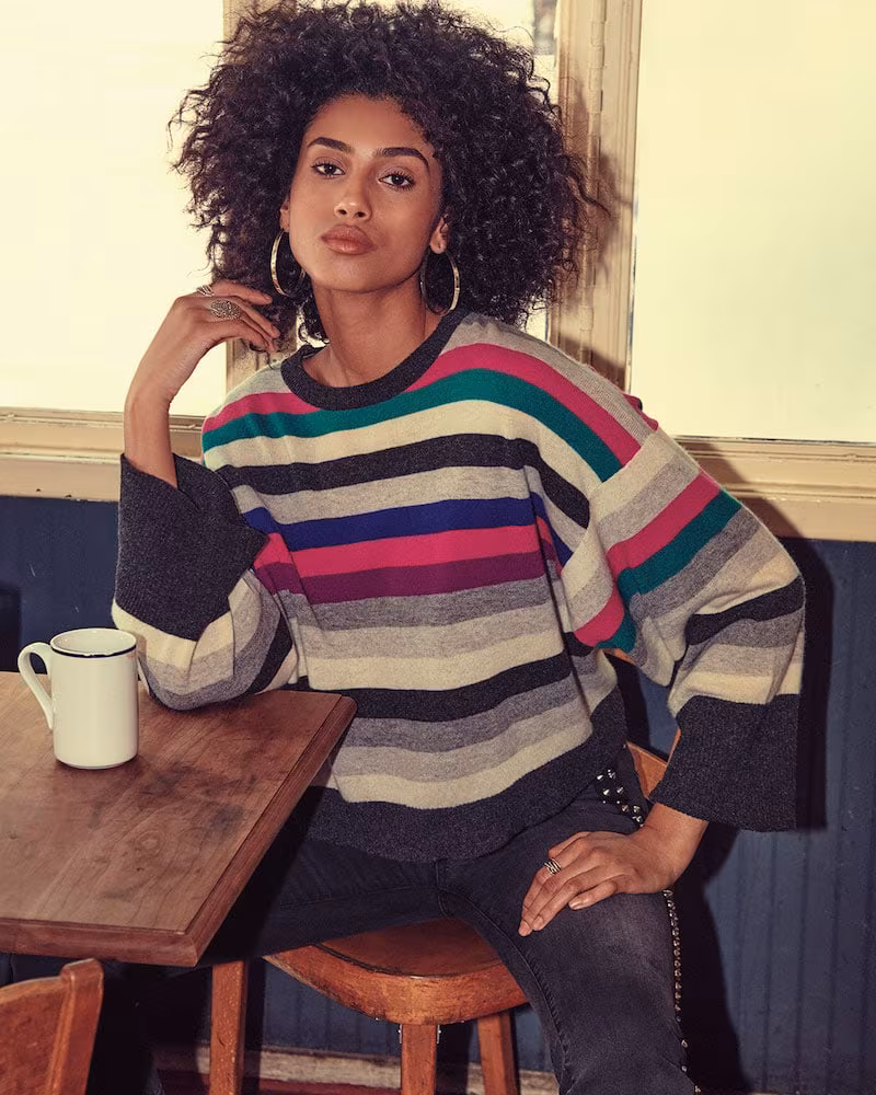 Autumn Cashmere Striped Wide-Sleeve Cashmere Sweater