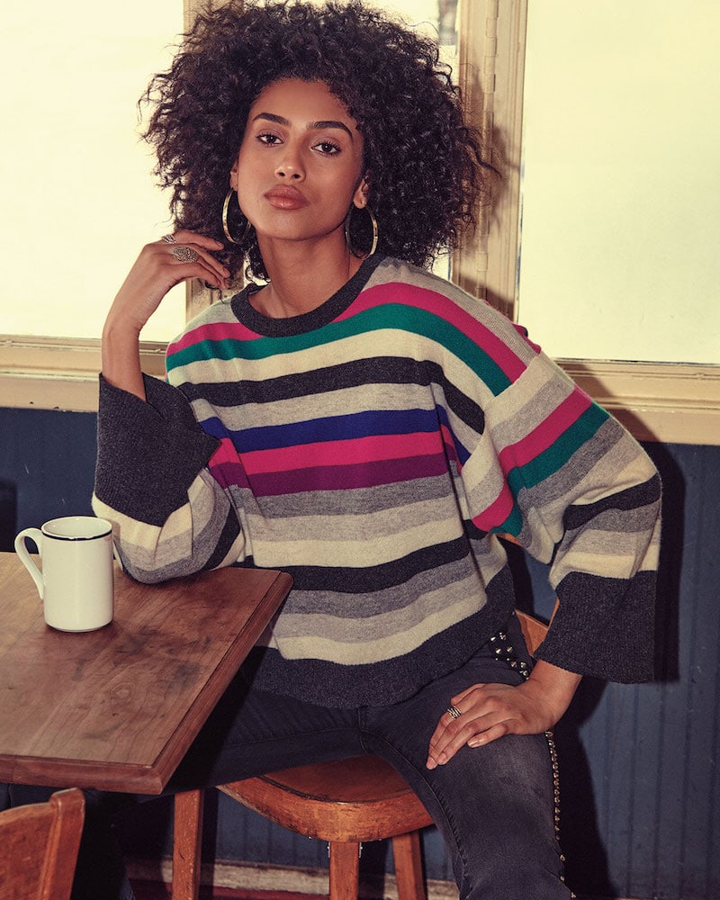 Autumn Cashmere Striped Wide-Sleeve Cashmere Sweater