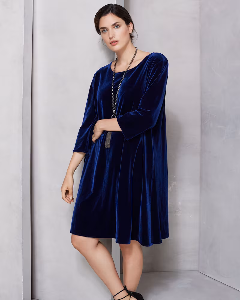 Caroline Rose Round-Neck 3/4-Sleeve A-Line Stretch-Velvet Dress