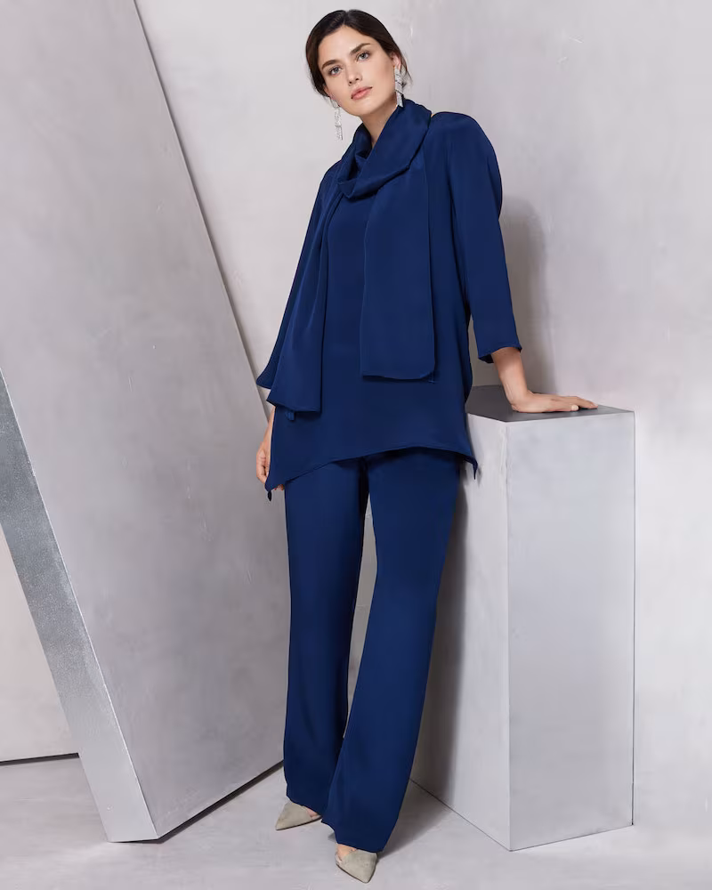 Caroline Rose Round-Neck 3/4-Sleeve Silk Crepe Swing Tunic Top