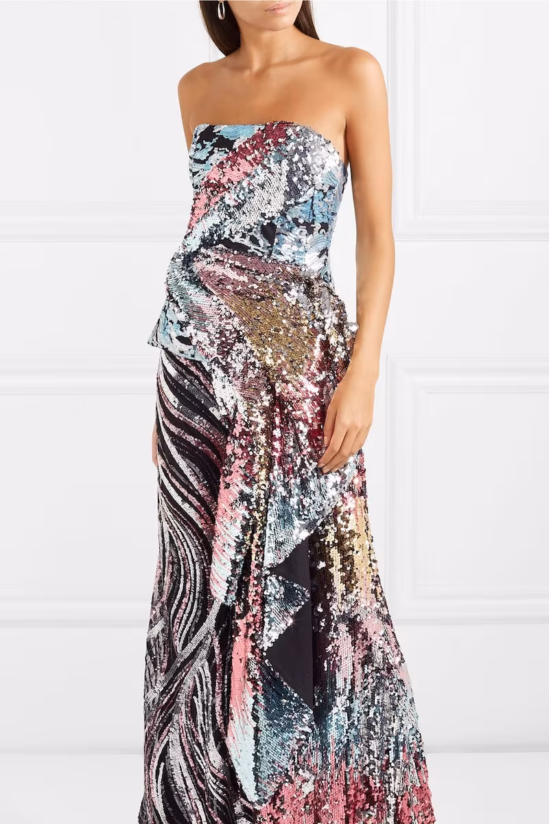 Halpern Draped Sequined Tulle Bustier Top