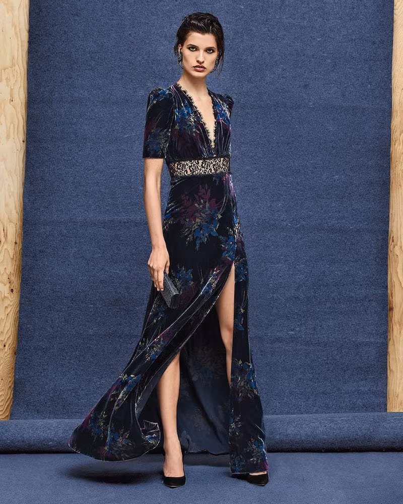 Jill Jill Stuart V-Neck Velvet & Lace Gown