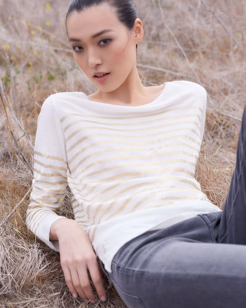 Majestic Paris for Neiman Marcus Metallic-Stripe Cotton-Cashmere Long-Sleeve Top