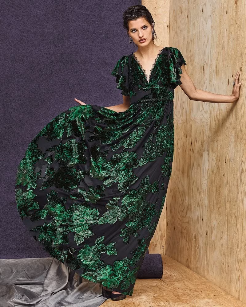 Marchesa Notte V-Neck Velvet Burnout Lace-Trim Gown