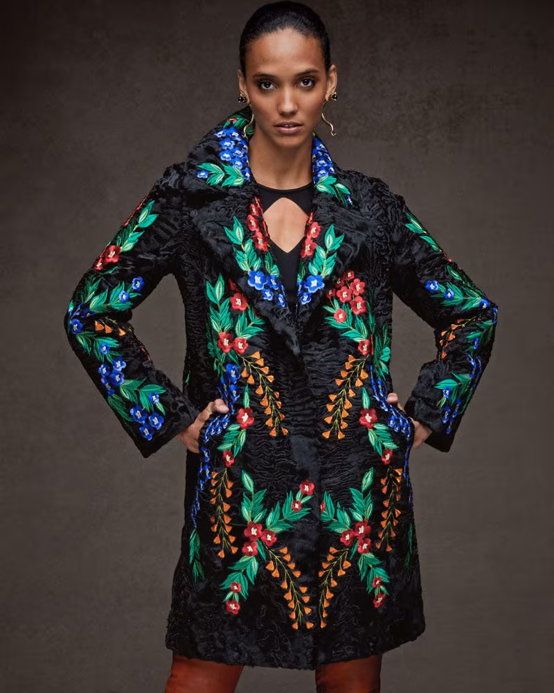 Maurizio Braschi Floral-Embroidered Swakara Fur Stroller Coat