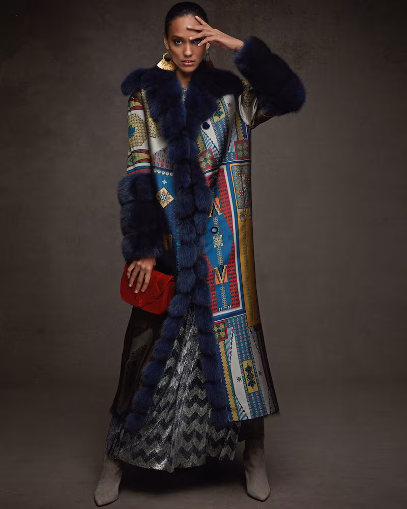 Pajaro Geometric-Print Fur-Trim Car Coat