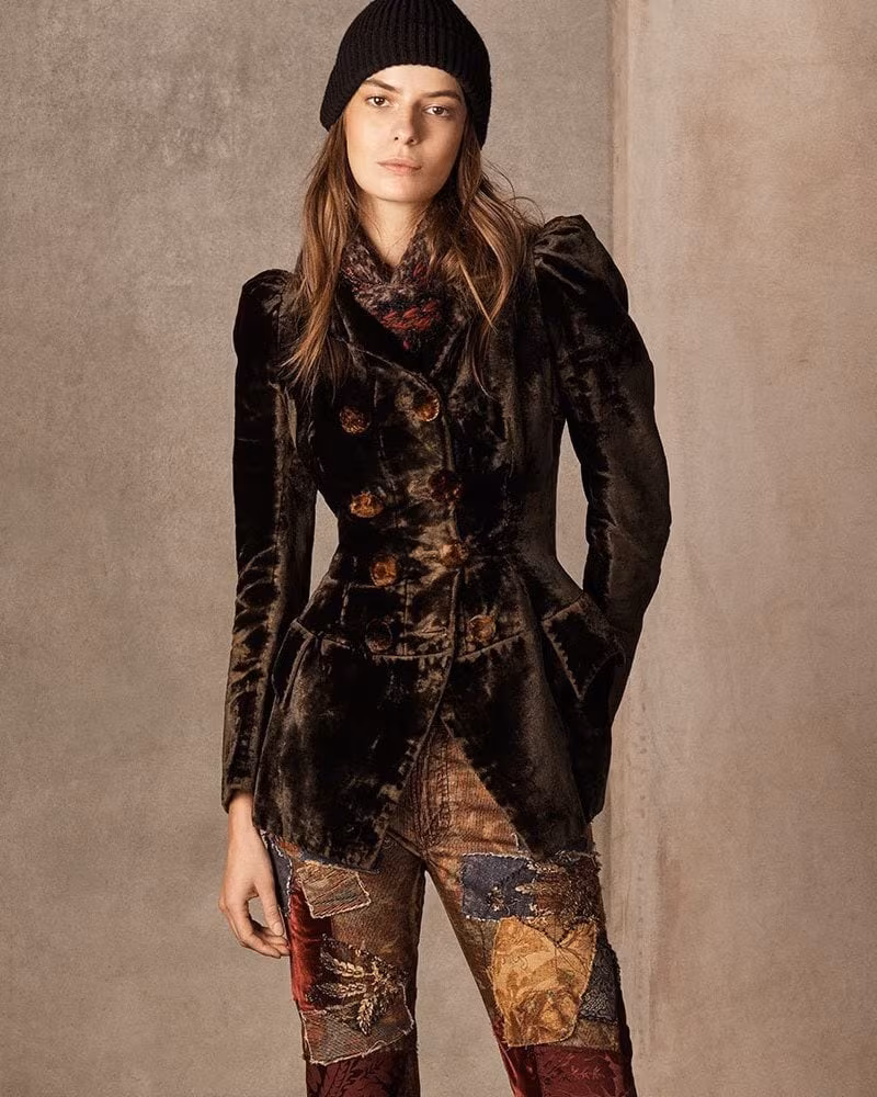 Ralph Lauren Collection 50th Anniversary Bettie Double-Breasted Velvet Jacket with Puff-Sleeves