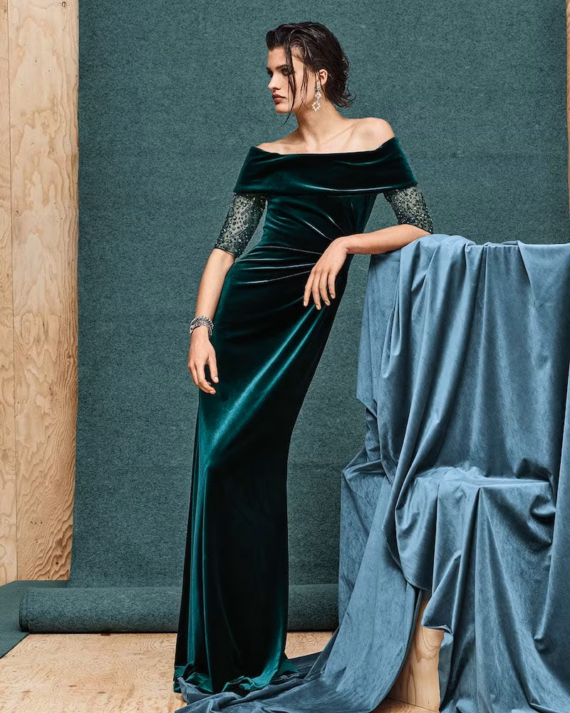 Rickie Freeman for Teri Jon Bead-Sleeve Off-the-Shoulder Velvet Gown