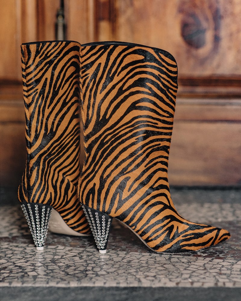 Attico Betta Crystal-embellished Tiger-print Calf Hair Knee Boots