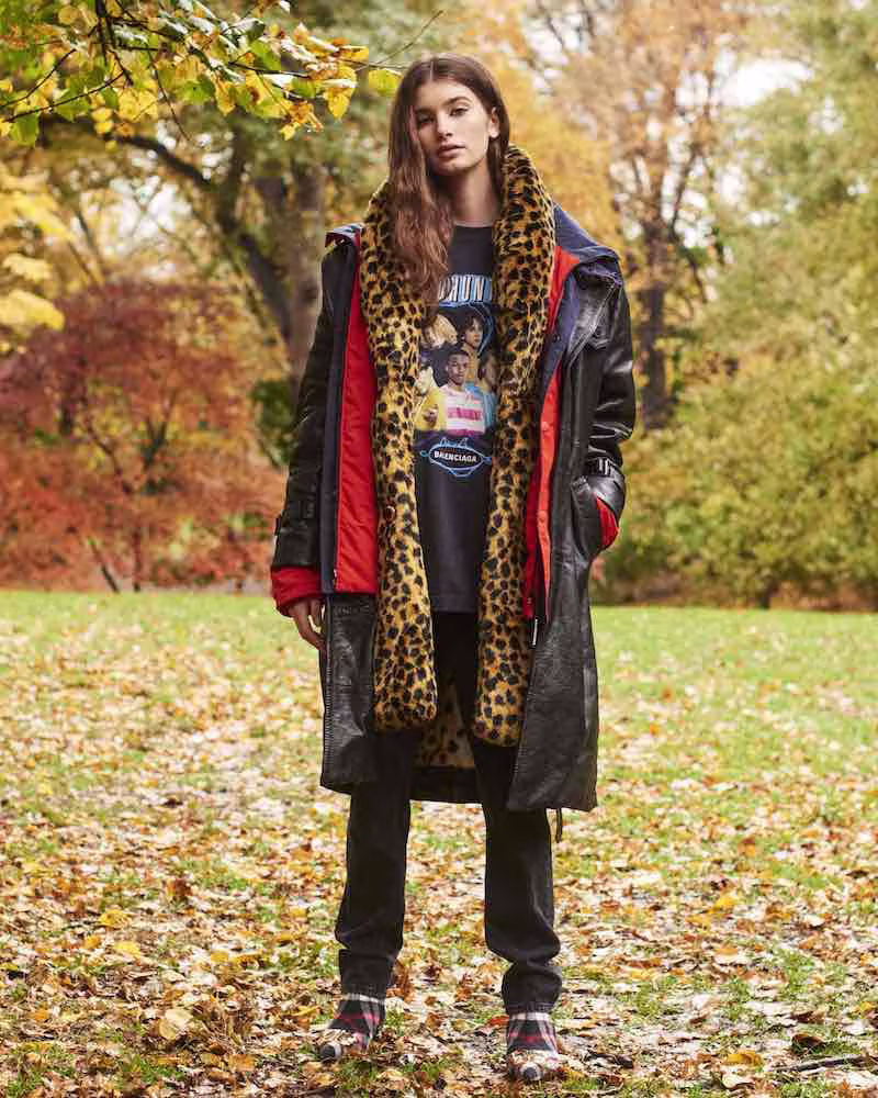 Balenciaga Layered Leather & Leopard-Print Hooded Trench Coat