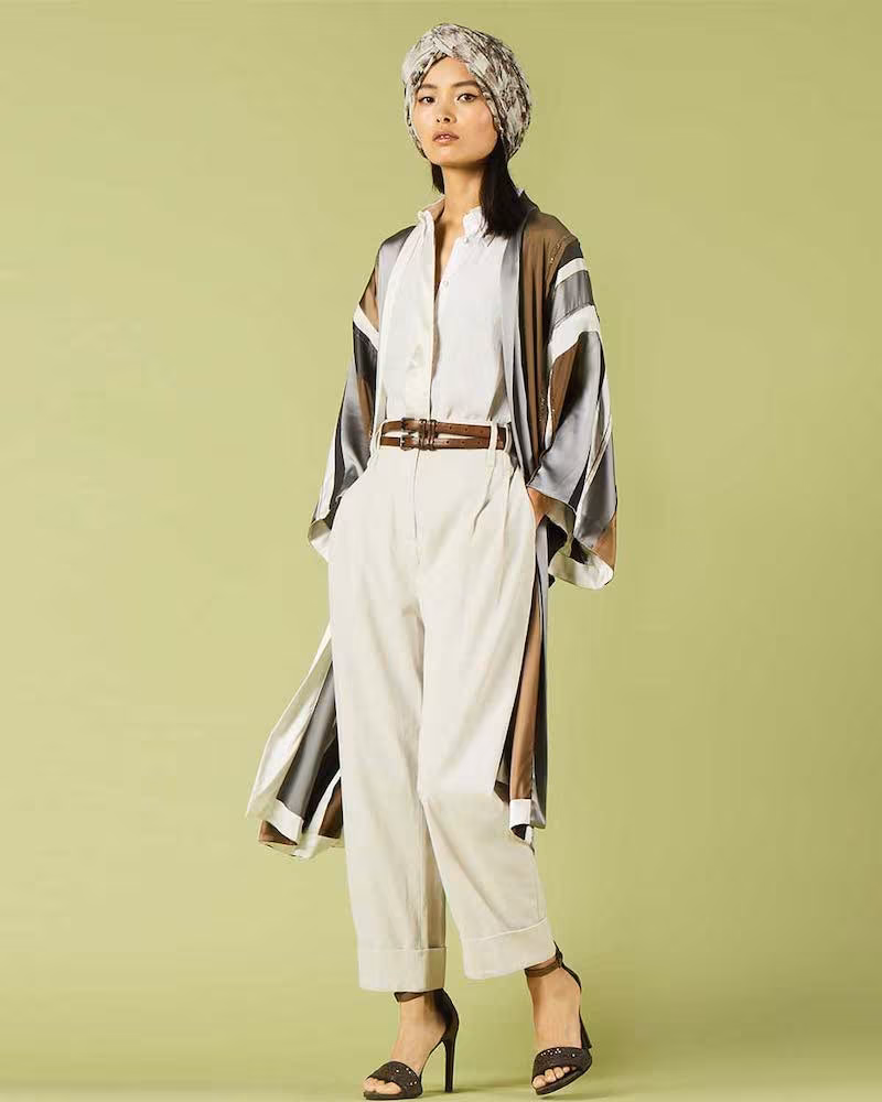 Brunello Cucinelli Monili-Beaded Belted Striped-Silk Kimono Cardigan