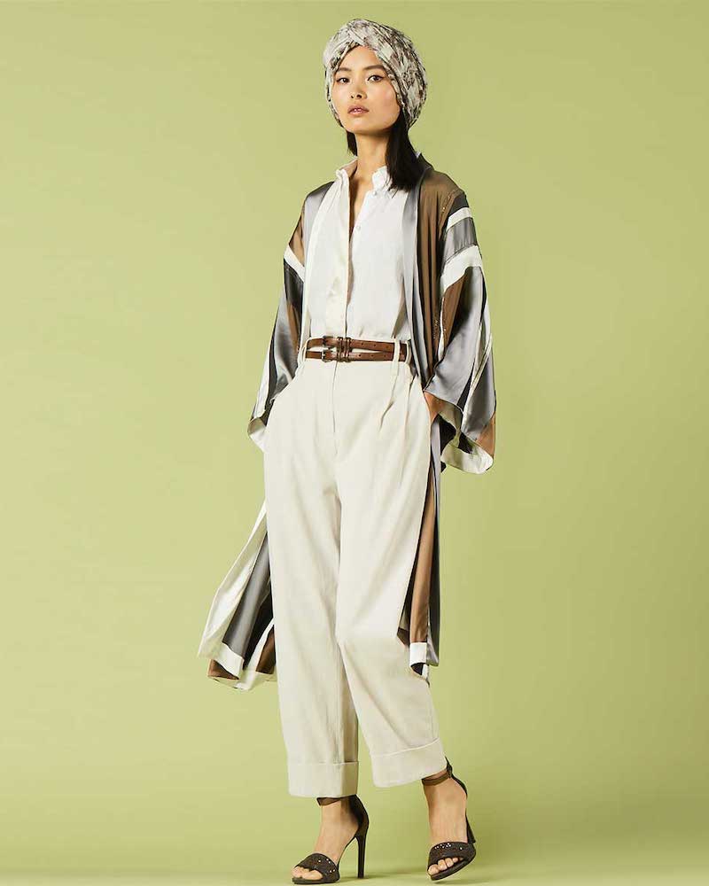 Brunello Cucinelli Monili-Beaded Belted Striped-Silk Kimono Cardigan