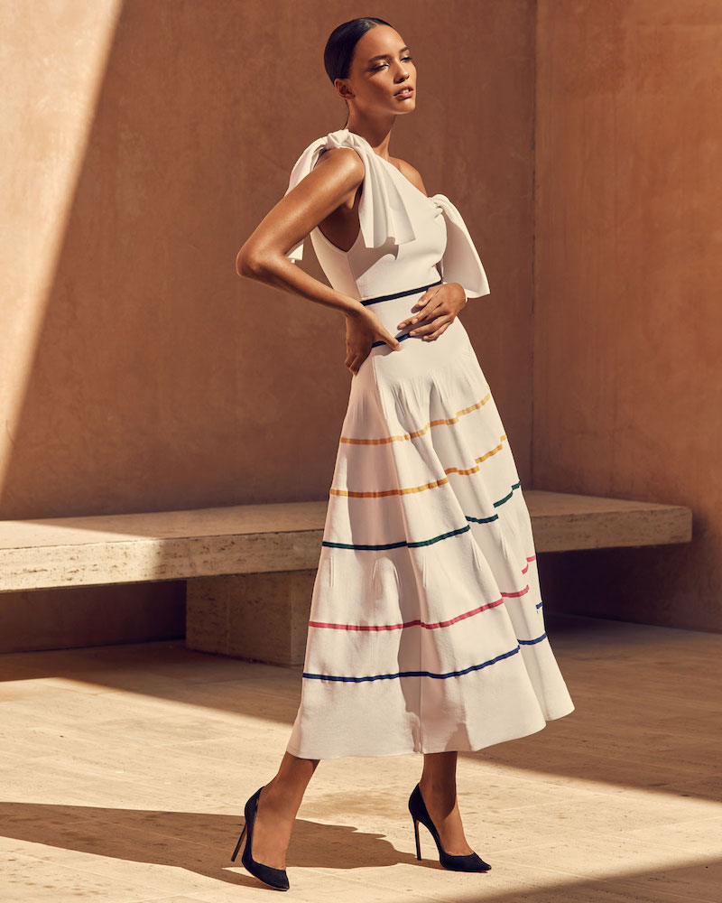 Carolina Herrera Off-the-Shoulder Striped-Knit A-Line Midi Dress