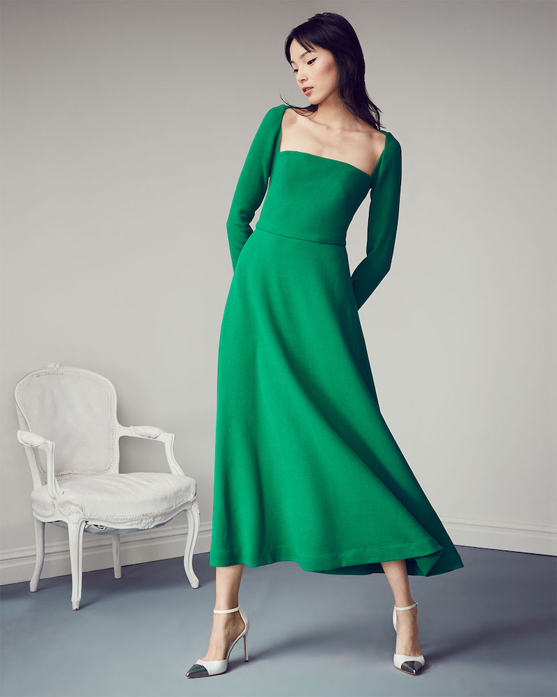 Lela Rose Long-Sleeve Square-Neck Stretch Wool Dress
